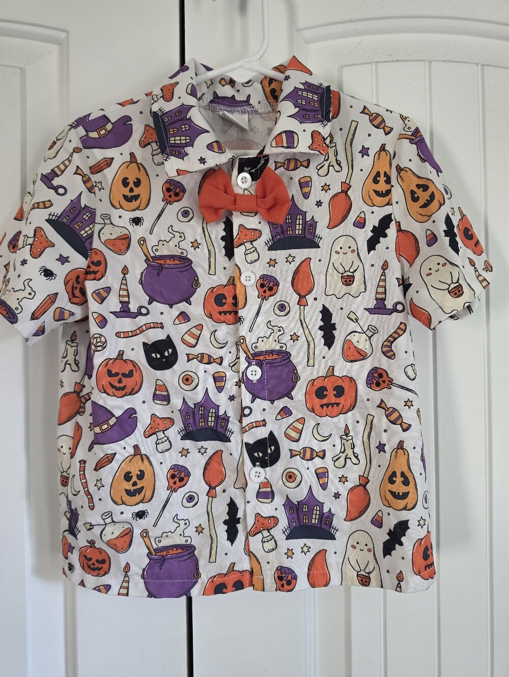 Kids Boys Halloween Spooky Print Button-Down Shirt w/ Bow Tie White Orange 5Y